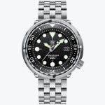 Steeldive 1975 Tuna can with black dial and 5-Link engineer bracelet